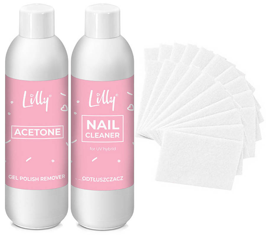 Lilly Aceton kosmetyczny 1000 ml + Cleaner 1000 ml + waciki bezpyłowe 20 szt. 
